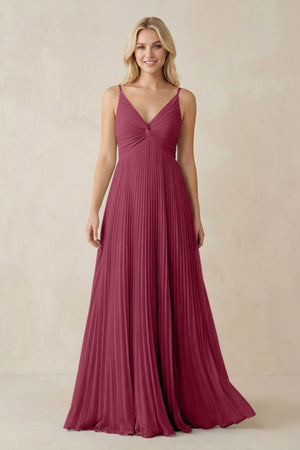 Pleated V - Neck A - Line Chiffon Bridesmaid Dress in Desert Rose - KISS BRIDAL Bridesmaid Dresses