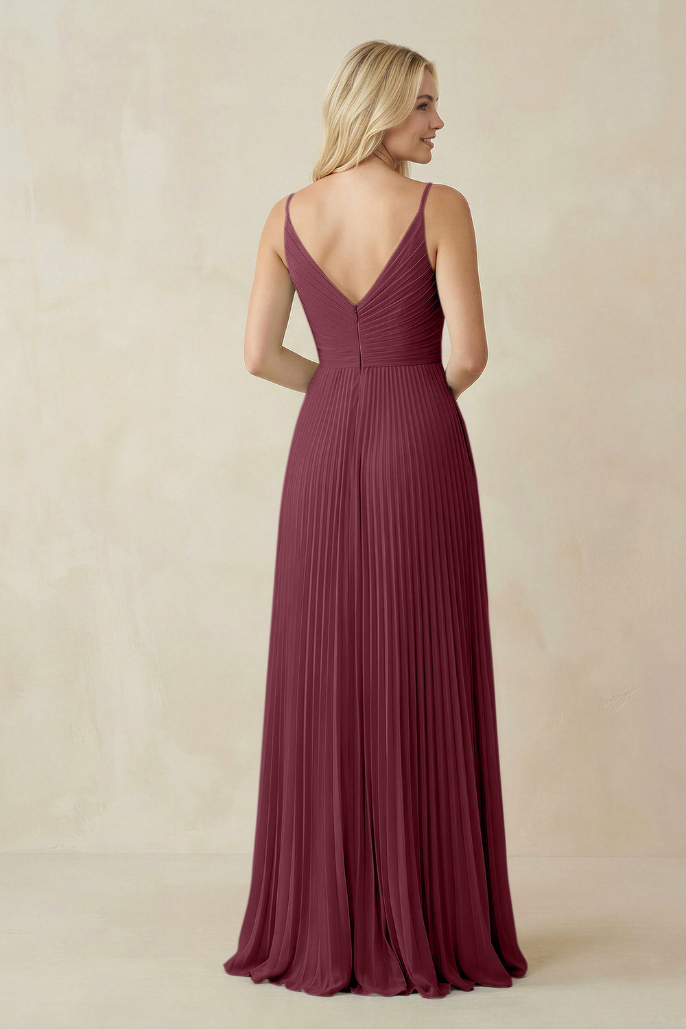 Pleated V-Neck A-Line Chiffon Bridesmaid Dress in Desert Rose