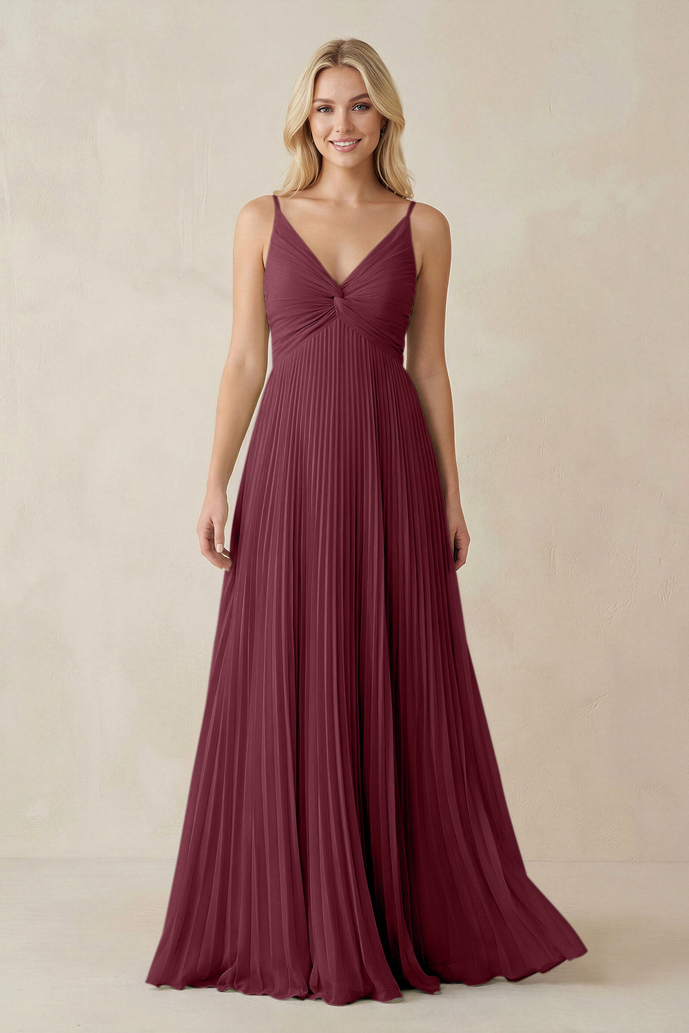 Pleated V-Neck A-Line Chiffon Bridesmaid Dress in Desert Rose