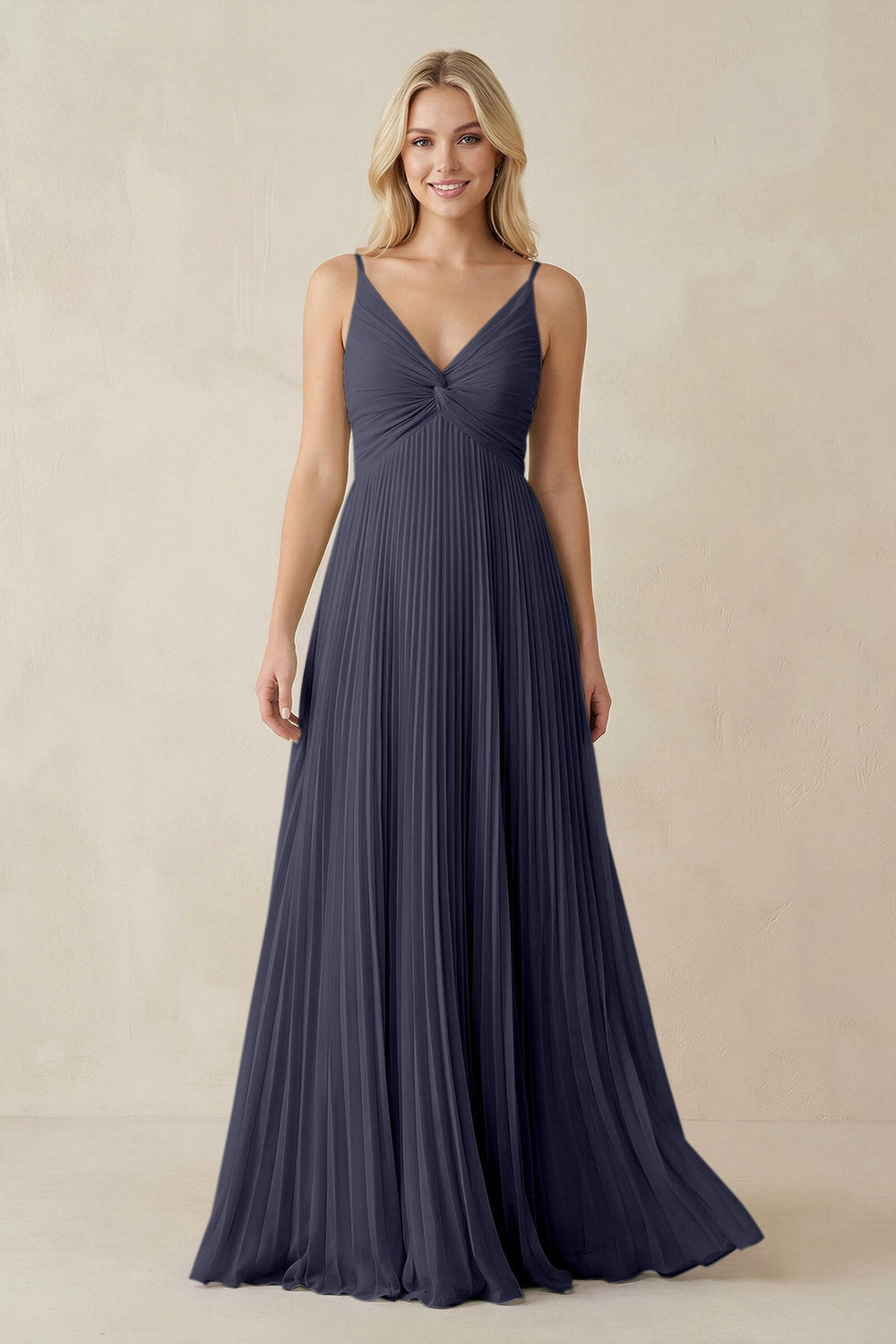 Pleated V - Neck A - Line Chiffon Bridesmaid Dress in Dusk Blue - KISS BRIDAL Bridesmaid Dresses