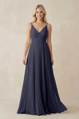 Pleated V - Neck A - Line Chiffon Bridesmaid Dress in Dusk Blue - KISS BRIDAL Bridesmaid Dresses