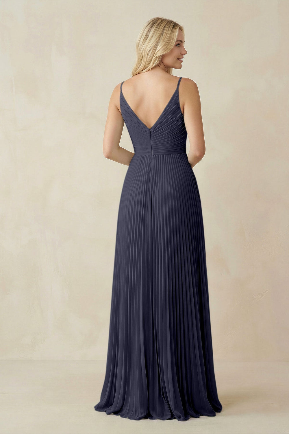 Pleated V - Neck A - Line Chiffon Bridesmaid Dress in Dusk Blue - KISS BRIDAL Bridesmaid Dresses
