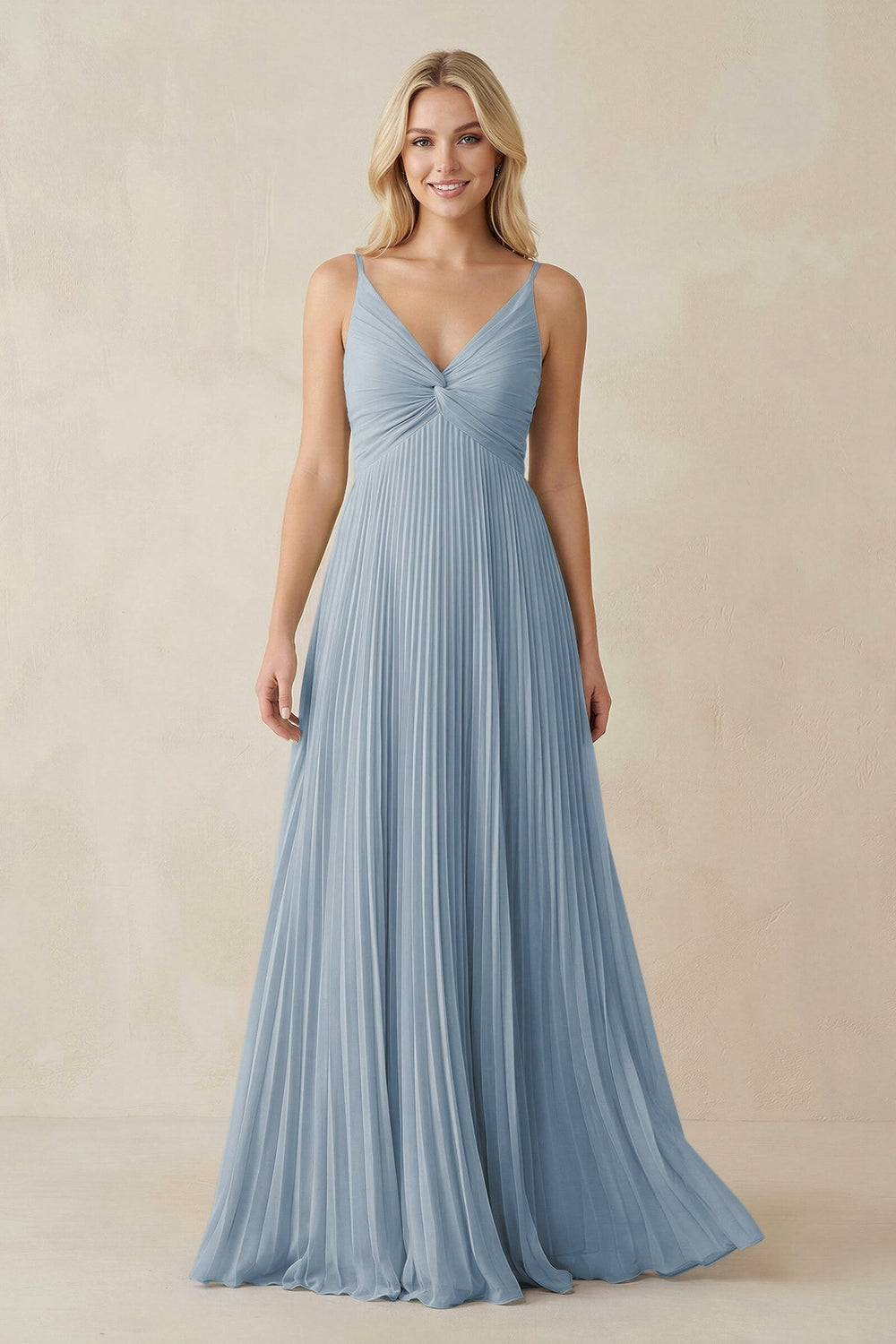 Pleated V - Neck A - Line Chiffon Bridesmaid Dress in Dusty Blue - KISS BRIDAL Bridesmaid Dresses