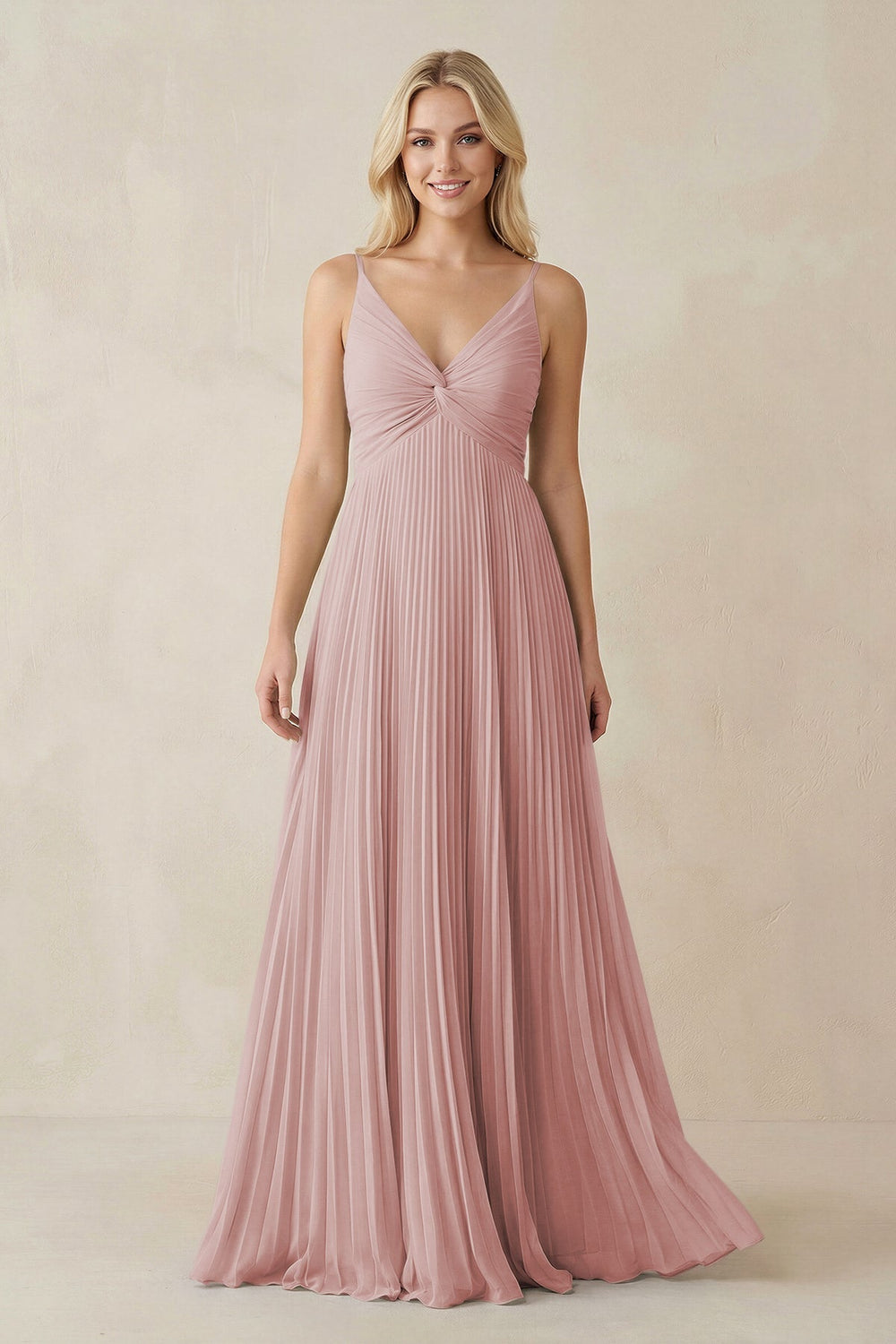 Pleated V - Neck A - Line Chiffon Bridesmaid Dress in Dusty Rose - KISS BRIDAL Bridesmaid Dresses