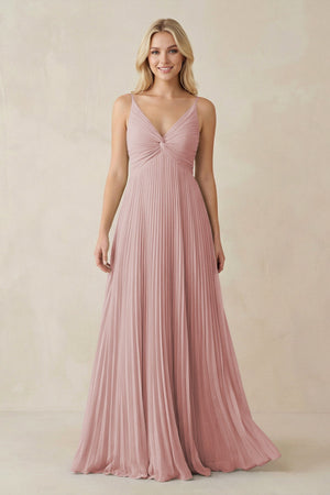 Pleated V - Neck A - Line Chiffon Bridesmaid Dress in Dusty Rose - KISS BRIDAL Bridesmaid Dresses