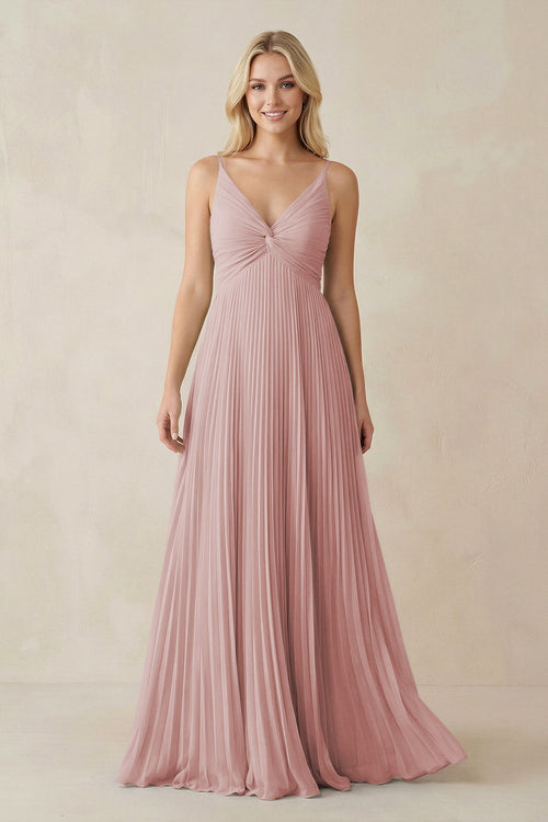 Pleated V - Neck A - Line Chiffon Bridesmaid Dress in Dusty Rose - KISS BRIDAL Bridesmaid Dresses