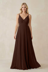 Pleated V - Neck A - Line Chiffon Bridesmaid Dress in Espresso - KISS BRIDAL Bridesmaid Dresses