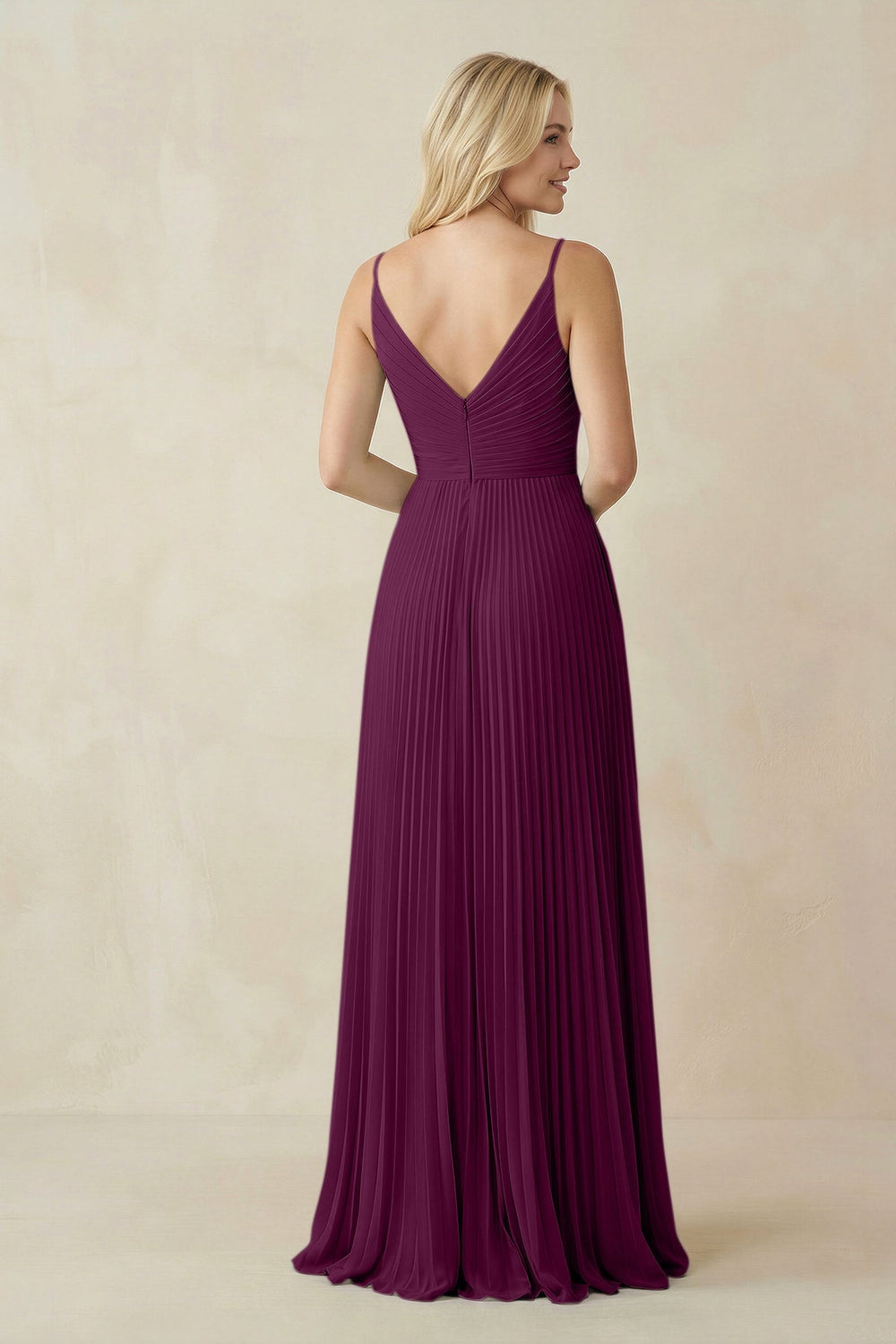 Pleated V - Neck A - Line Chiffon Bridesmaid Dress in Fig - KISS BRIDAL Bridesmaid Dresses