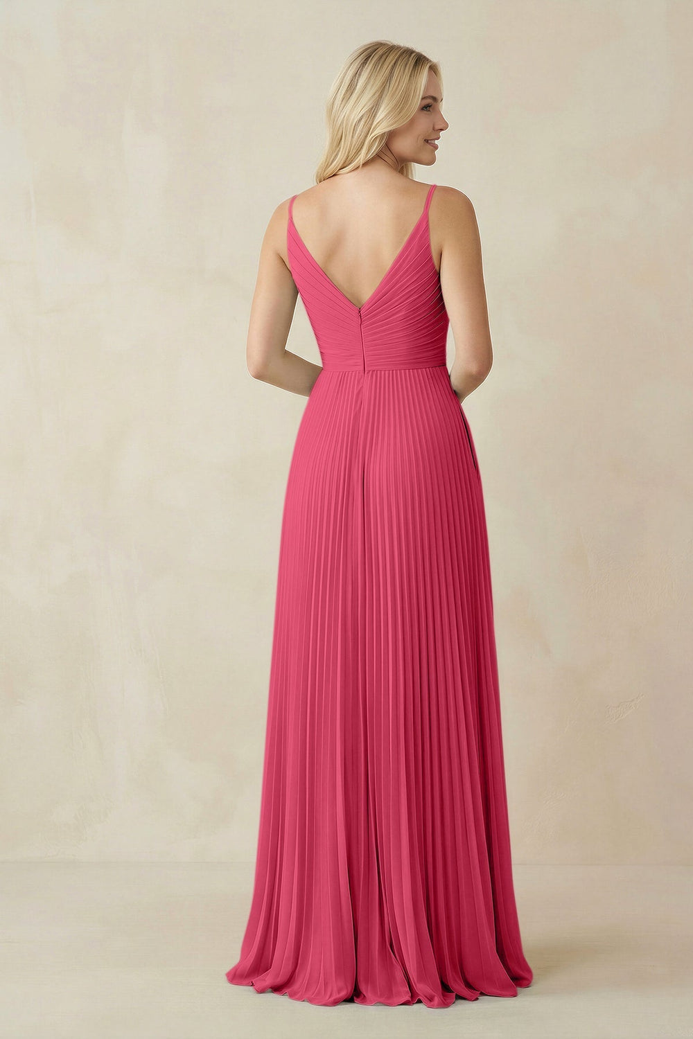 Pleated V - Neck A - Line Chiffon Bridesmaid Dress in Fuchsia - KISS BRIDAL Bridesmaid Dresses