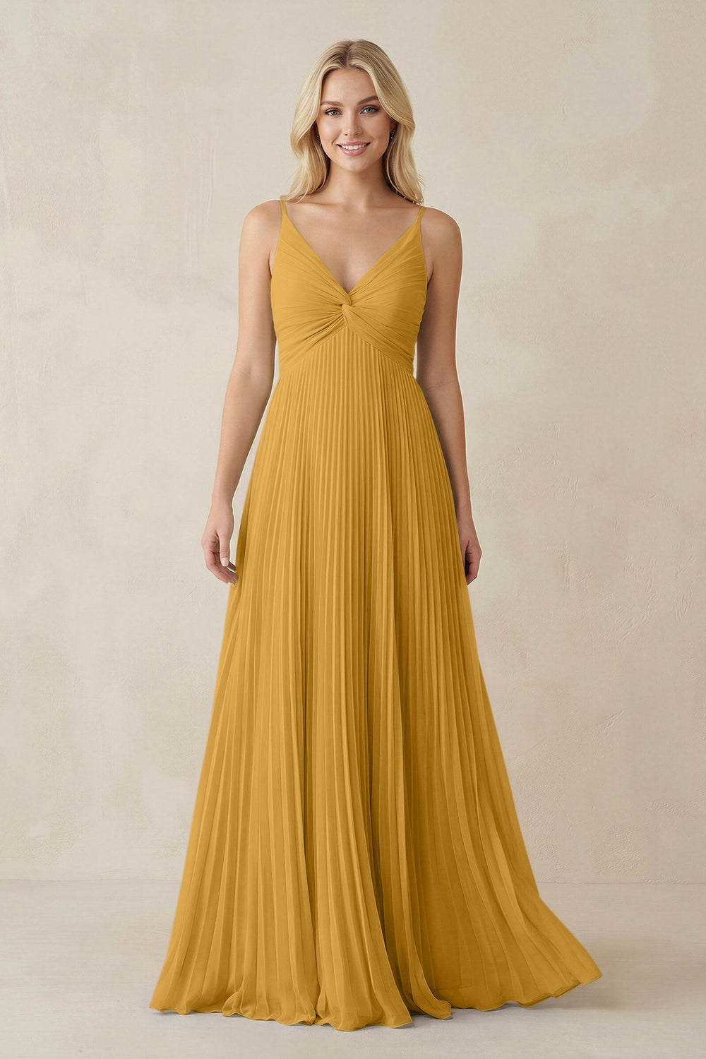 Pleated V - Neck A - Line Chiffon Bridesmaid Dress in Marigold - KISS BRIDAL Bridesmaid Dresses