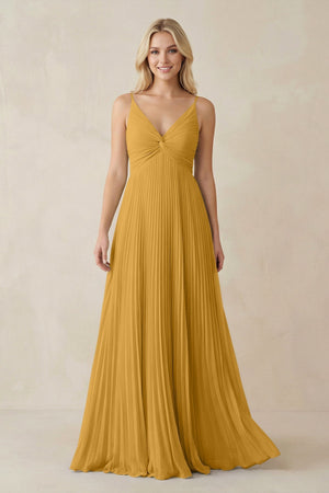 Pleated V - Neck A - Line Chiffon Bridesmaid Dress in Marigold - KISS BRIDAL Bridesmaid Dresses