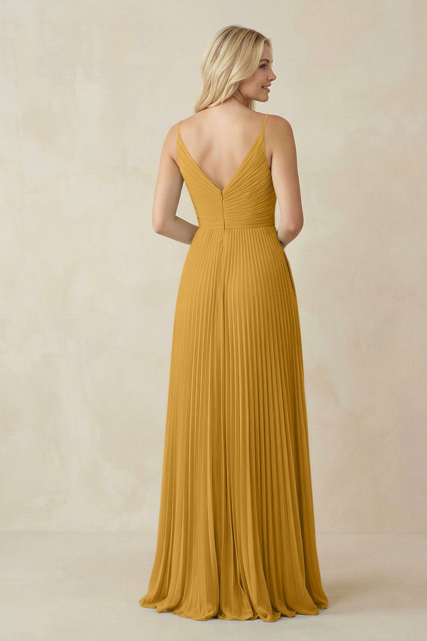 Pleated V - Neck A - Line Chiffon Bridesmaid Dress in Marigold - KISS BRIDAL Bridesmaid Dresses