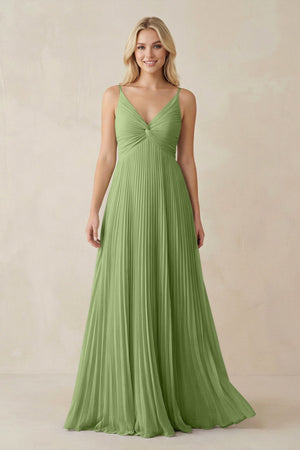 Pleated V - Neck A - Line Chiffon Bridesmaid Dress in Matcha - SHE IS ME Bridesmaid Dresses
