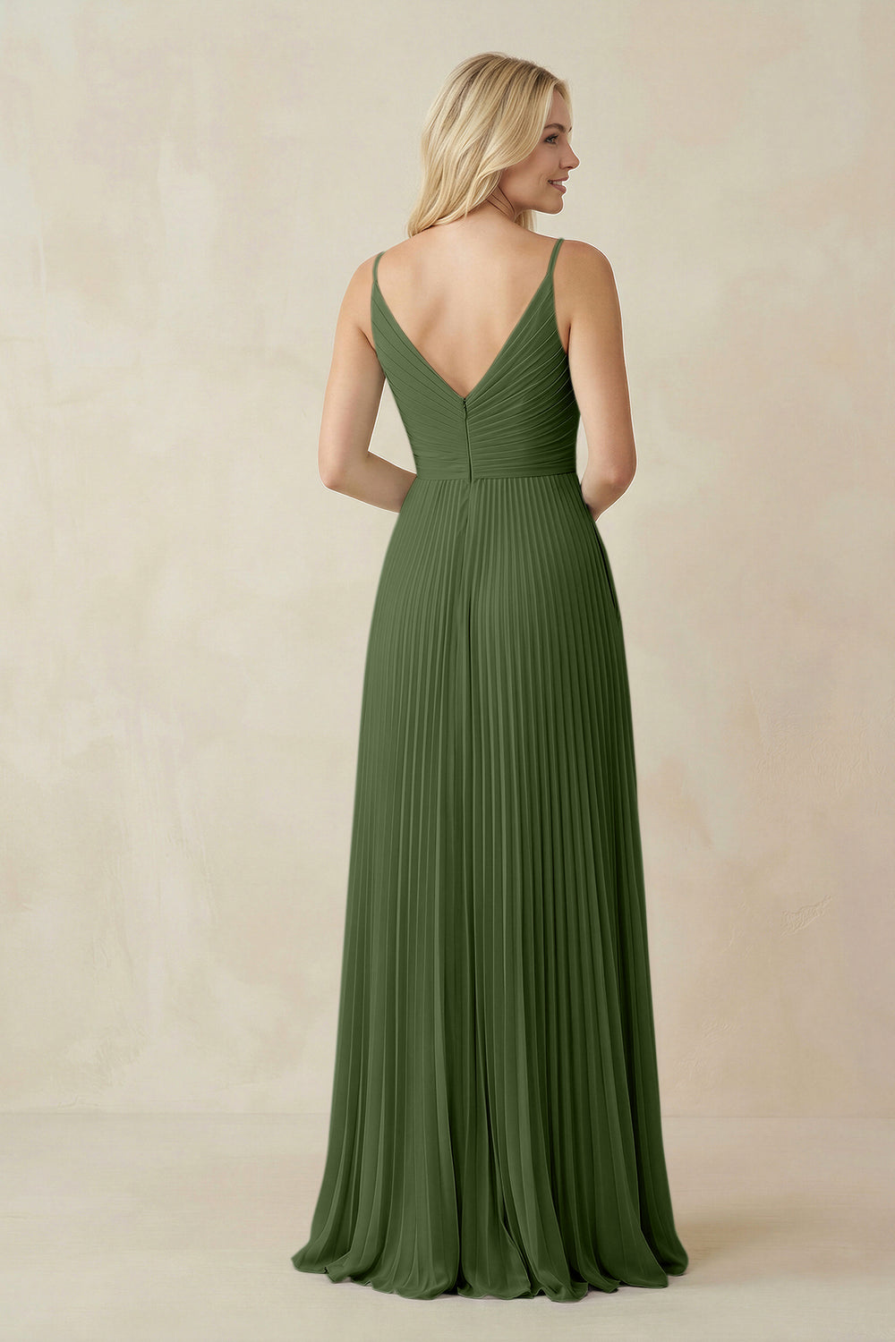 Pleated V-Neck A-Line Chiffon Bridesmaid Dress in Moss