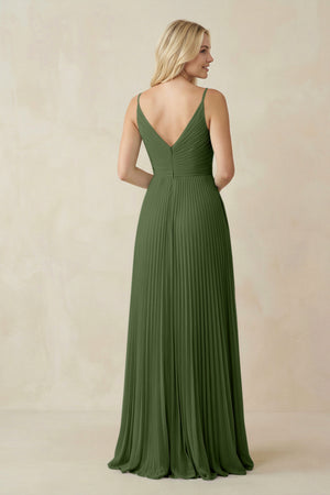 Pleated V-Neck A-Line Chiffon Bridesmaid Dress in Moss (2) | KISSBRIDAL