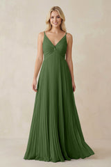Pleated V - Neck A - Line Chiffon Bridesmaid Dress in Moss - KISS BRIDAL Bridesmaid Dresses