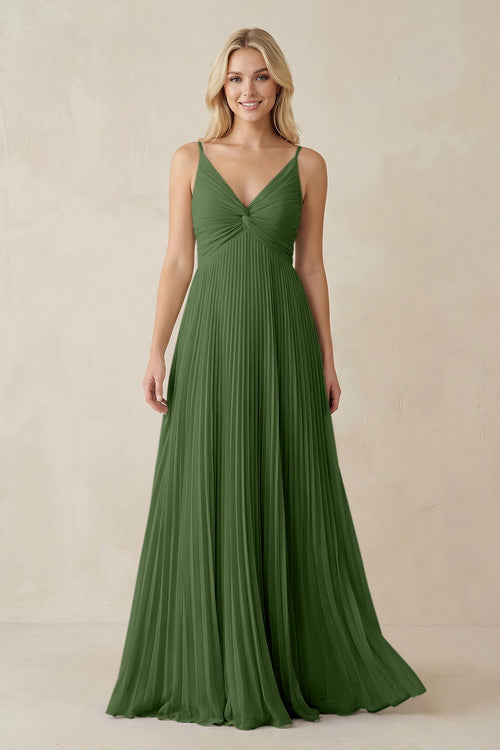 Pleated V - Neck A - Line Chiffon Bridesmaid Dress in Moss - KISS BRIDAL Bridesmaid Dresses