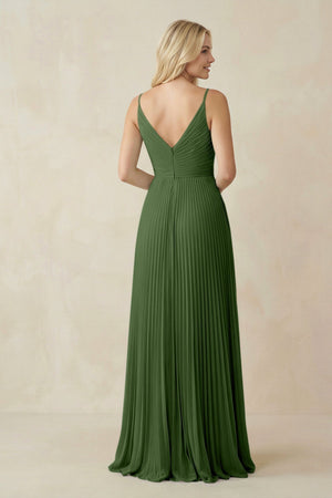 Pleated V - Neck A - Line Chiffon Bridesmaid Dress in Moss - KISS BRIDAL Bridesmaid Dresses