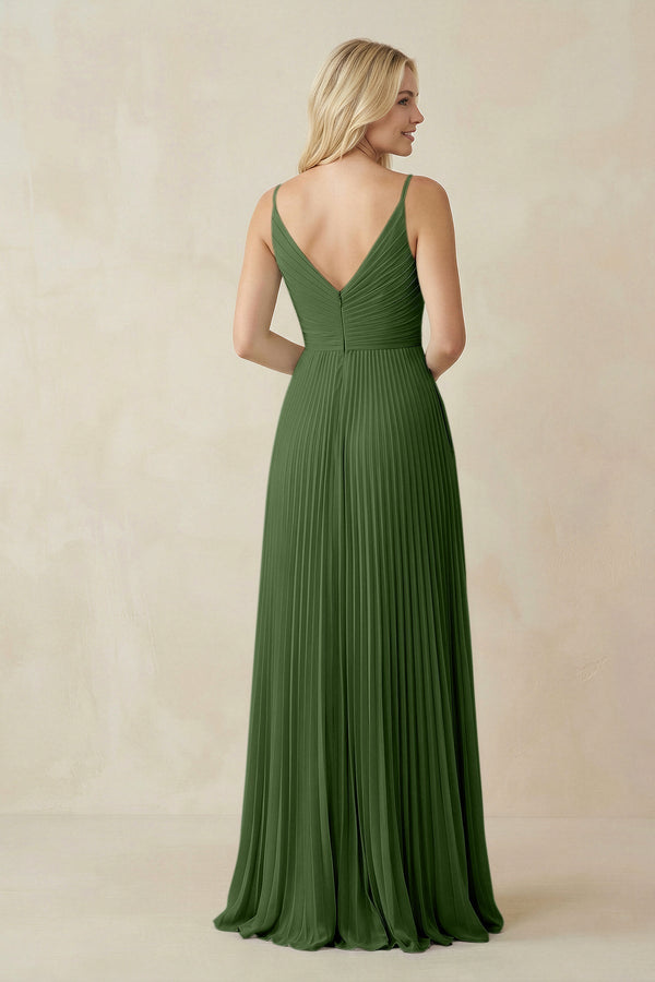 Pleated V - Neck A - Line Chiffon Bridesmaid Dress in Moss - KISS BRIDAL Bridesmaid Dresses