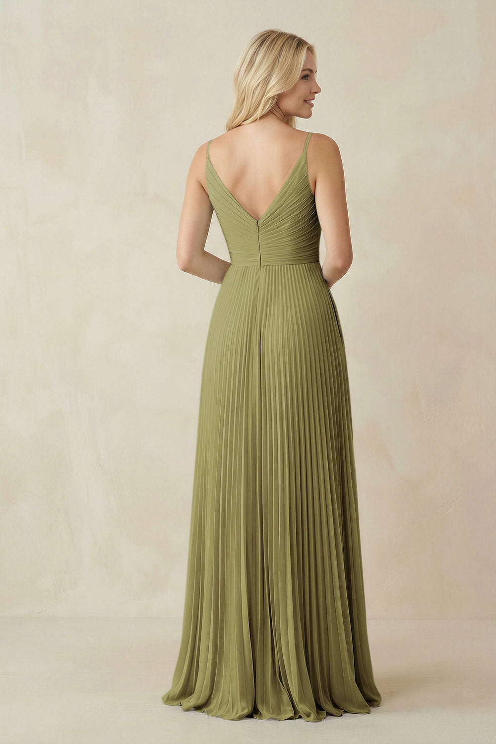 Pleated V-Neck A-Line Chiffon Bridesmaid Dress in Moss Green