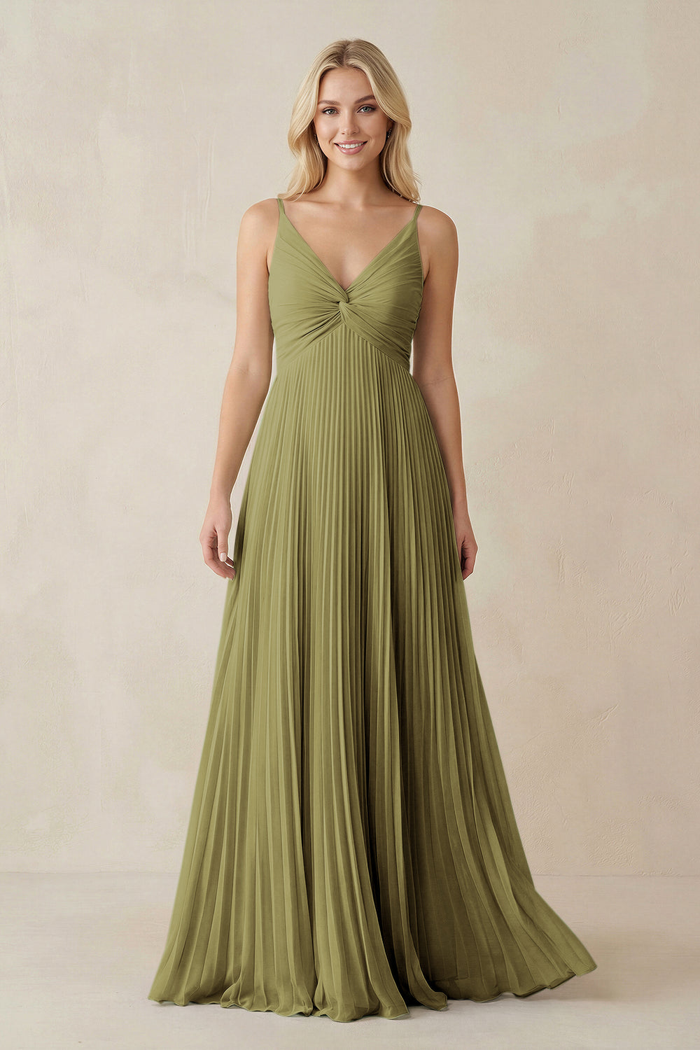 Pleated V-Neck A-Line Chiffon Bridesmaid Dress in Moss Green