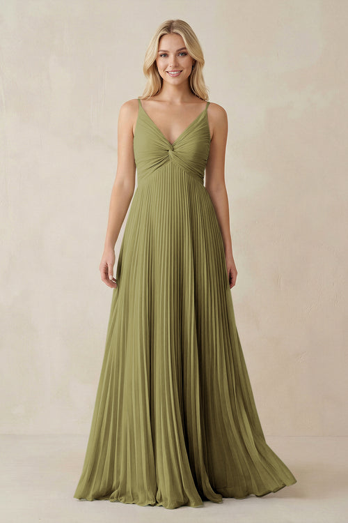 Pleated V-Neck A-Line Chiffon Bridesmaid Dress in Moss Green | KISSBRIDAL