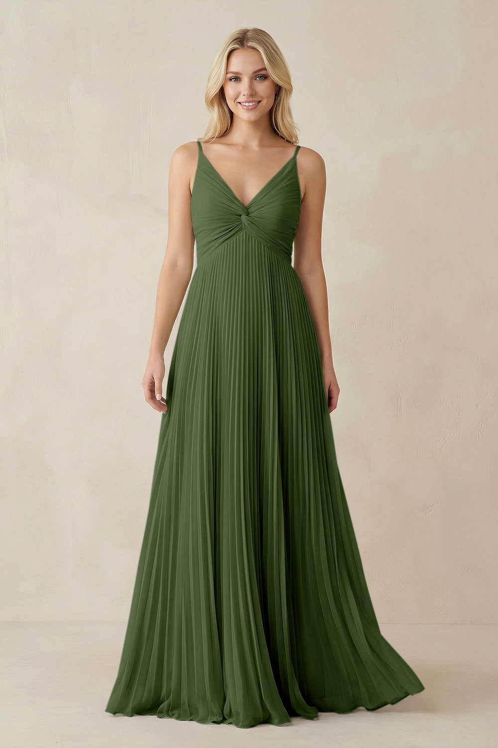 Pleated V-Neck A-Line Chiffon Bridesmaid Dress in Moss