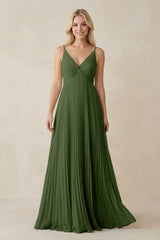 Pleated V-Neck A-Line Chiffon Bridesmaid Dress in Moss | KISSBRIDAL