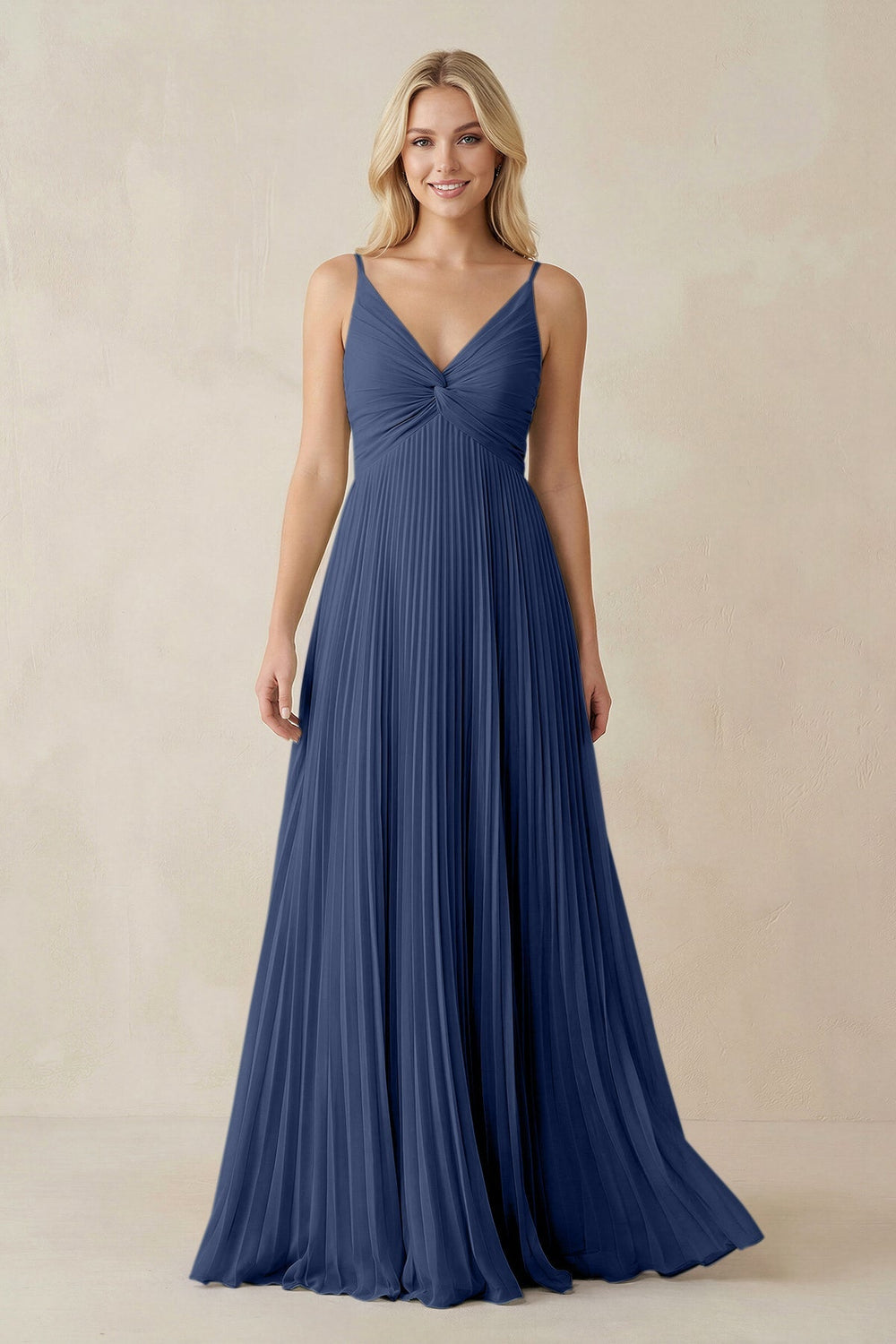 Pleated V - Neck A - Line Chiffon Bridesmaid Dress in Navy - KISS BRIDAL Bridesmaid Dresses