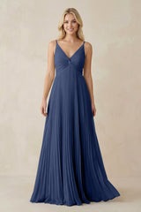 Pleated V - Neck A - Line Chiffon Bridesmaid Dress in Navy - KISS BRIDAL Bridesmaid Dresses