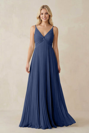 Pleated V - Neck A - Line Chiffon Bridesmaid Dress in Navy - KISS BRIDAL Bridesmaid Dresses