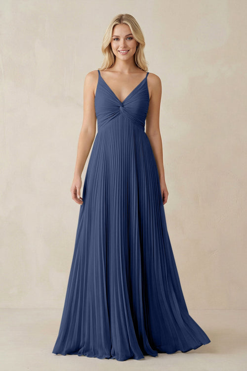 Pleated V - Neck A - Line Chiffon Bridesmaid Dress in Navy - KISS BRIDAL Bridesmaid Dresses