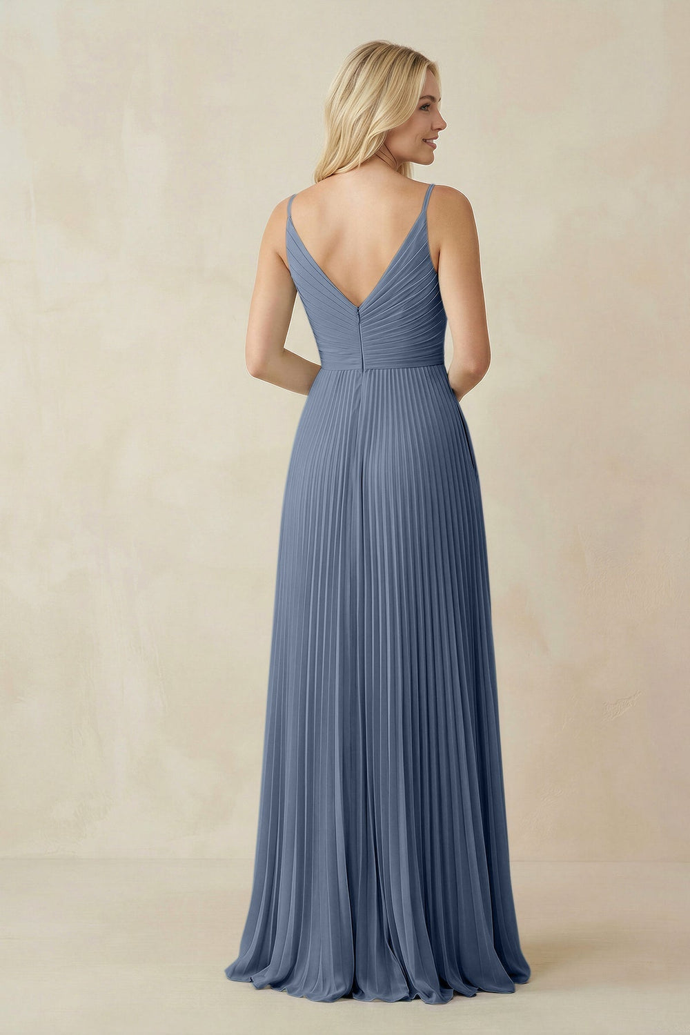 Pleated V - Neck A - Line Chiffon Bridesmaid Dress in Neptune - KISS BRIDAL Bridesmaid Dresses