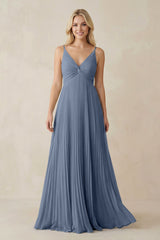Pleated V - Neck A - Line Chiffon Bridesmaid Dress in Neptune - KISS BRIDAL Bridesmaid Dresses