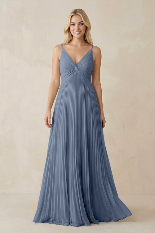 Pleated V - Neck A - Line Chiffon Bridesmaid Dress in Neptune - KISS BRIDAL Bridesmaid Dresses