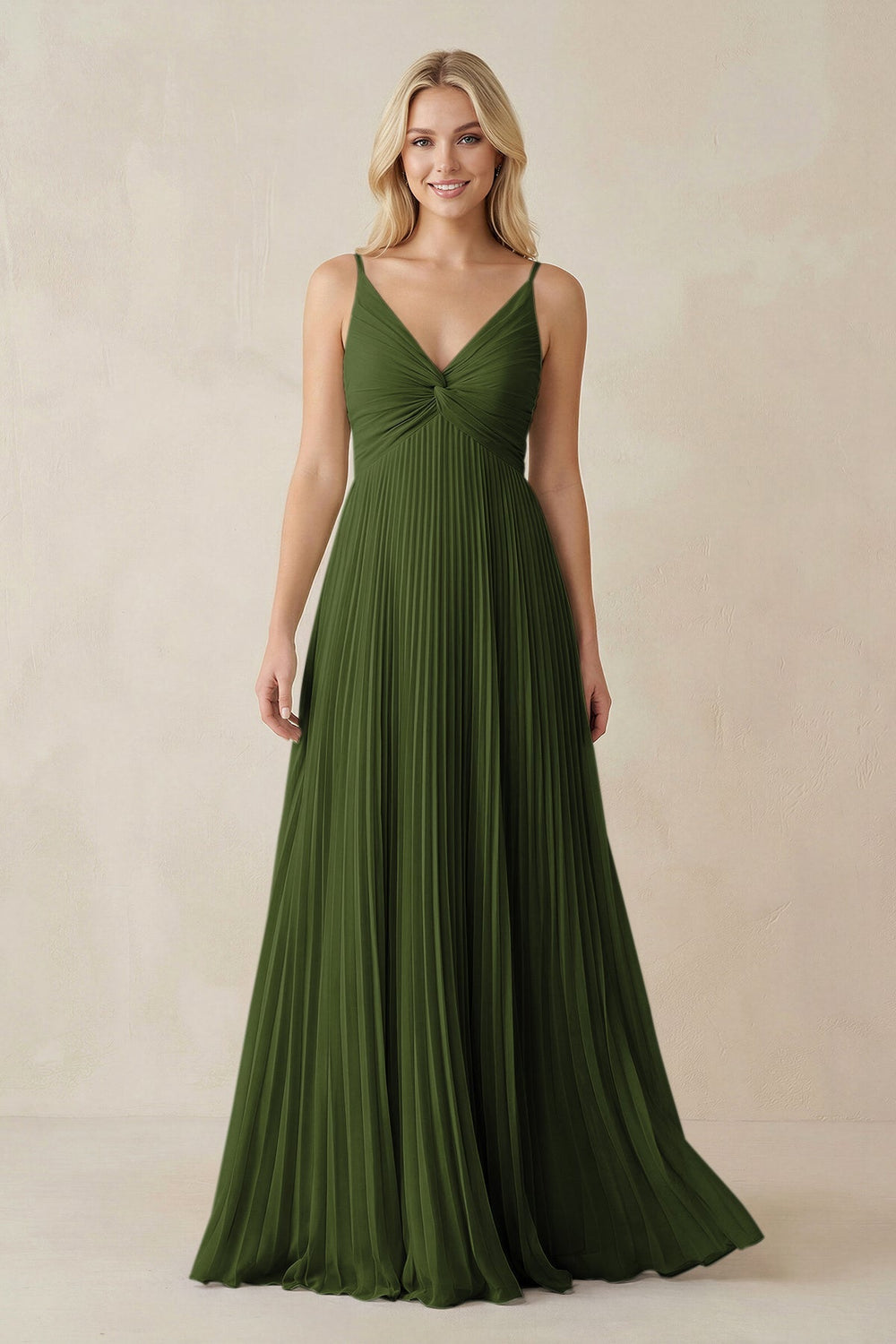 Pleated V - Neck A - Line Chiffon Bridesmaid Dress in Olive - KISS BRIDAL Bridesmaid Dresses