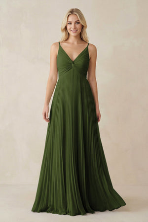 Pleated V - Neck A - Line Chiffon Bridesmaid Dress in Olive - KISS BRIDAL Bridesmaid Dresses