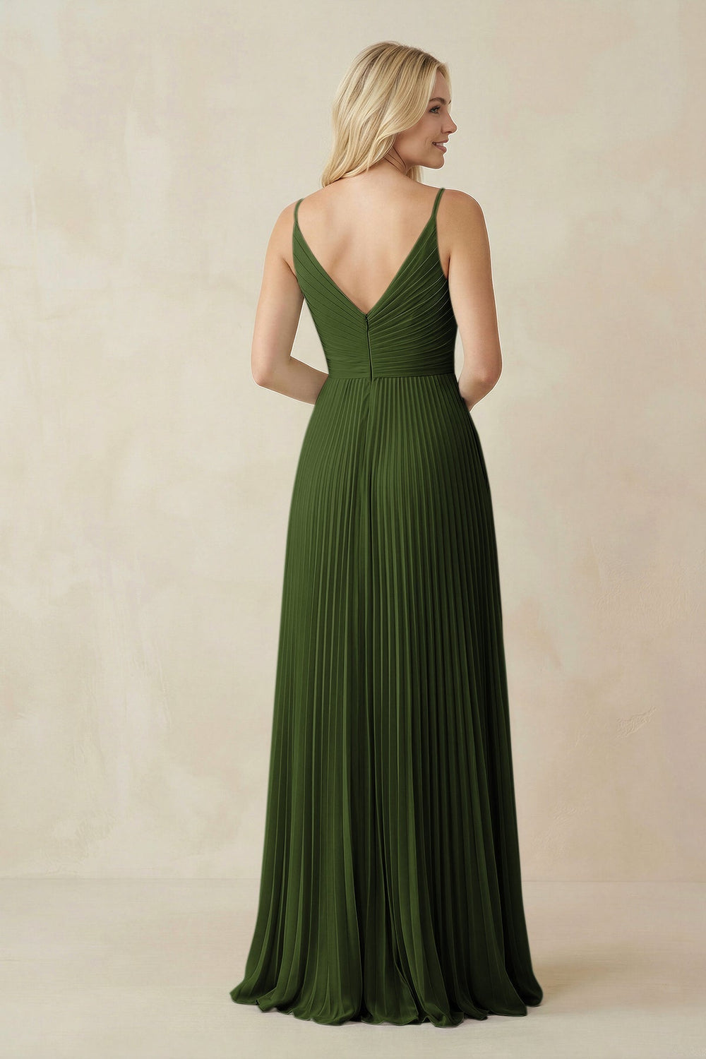 Pleated V - Neck A - Line Chiffon Bridesmaid Dress in Olive - KISS BRIDAL Bridesmaid Dresses