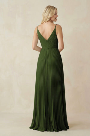 Pleated V - Neck A - Line Chiffon Bridesmaid Dress in Olive - KISS BRIDAL Bridesmaid Dresses