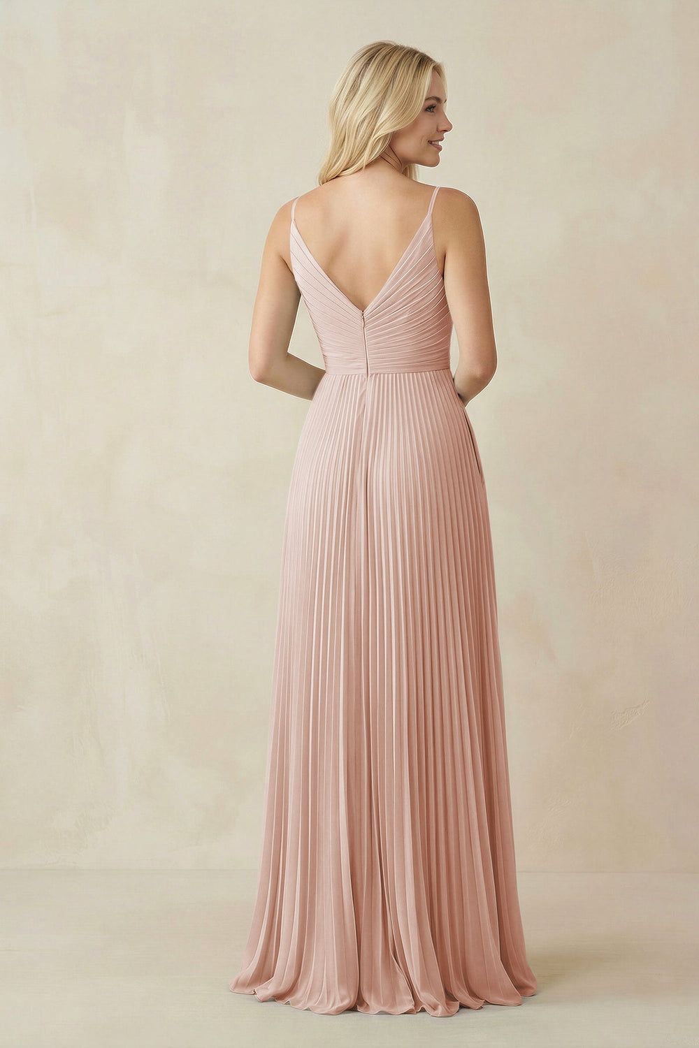 Pleated V - Neck A - Line Chiffon Bridesmaid Dress in Pale Blush - KISS BRIDAL Bridesmaid Dresses