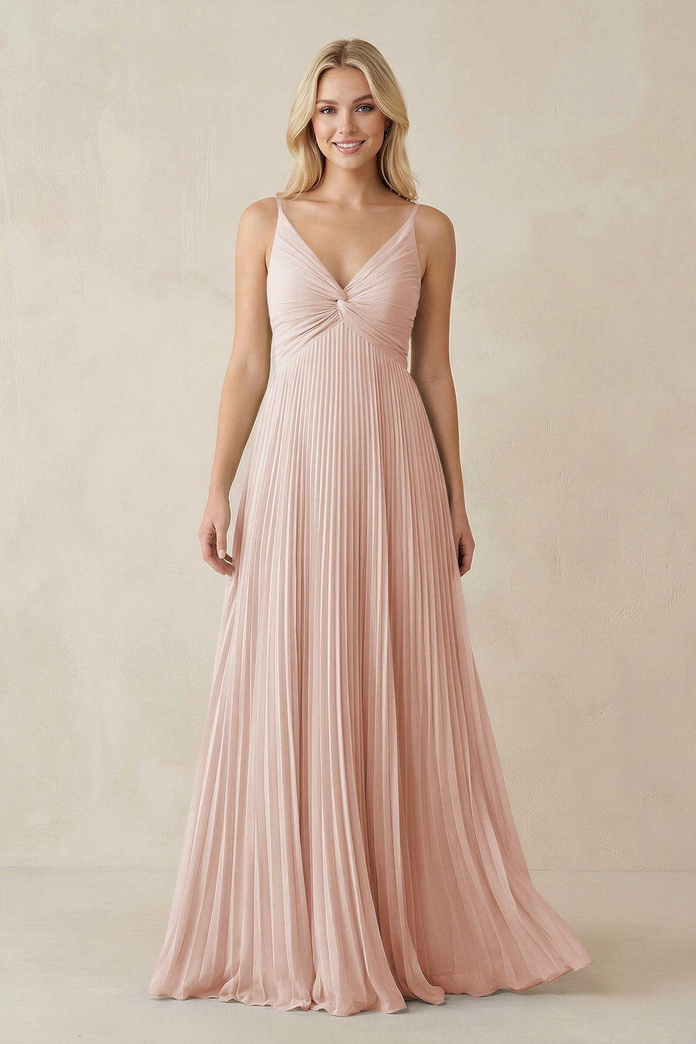 Pleated V - Neck A - Line Chiffon Bridesmaid Dress in Pale Blush - KISS BRIDAL Bridesmaid Dresses