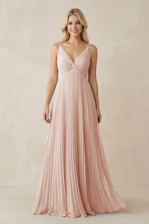 Pleated V - Neck A - Line Chiffon Bridesmaid Dress in Pale Blush - KISS BRIDAL Bridesmaid Dresses