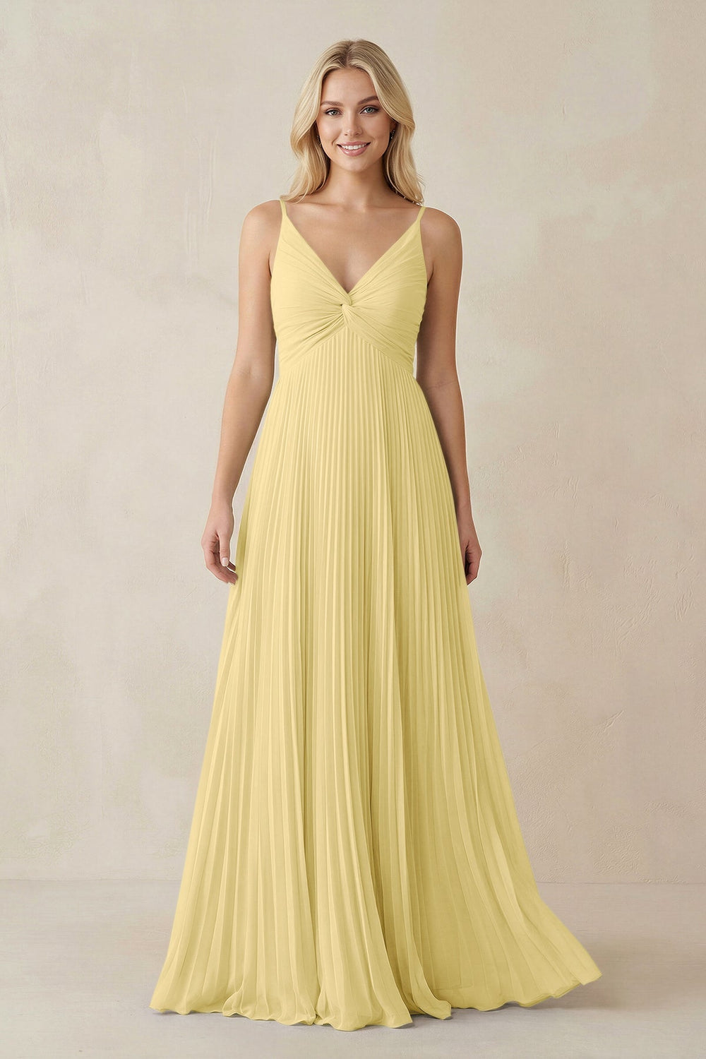 Pleated V - Neck A - Line Chiffon Bridesmaid Dress in Pastel Yellow - KISS BRIDAL Bridesmaid Dresses