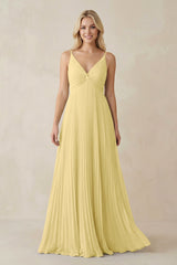 Pleated V - Neck A - Line Chiffon Bridesmaid Dress in Pastel Yellow - KISS BRIDAL Bridesmaid Dresses
