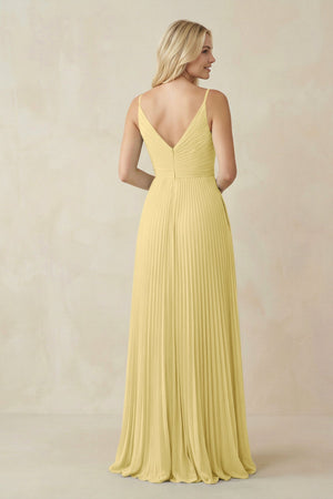 Pleated V - Neck A - Line Chiffon Bridesmaid Dress in Pastel Yellow - SHE IS ME Bridesmaid Dresses