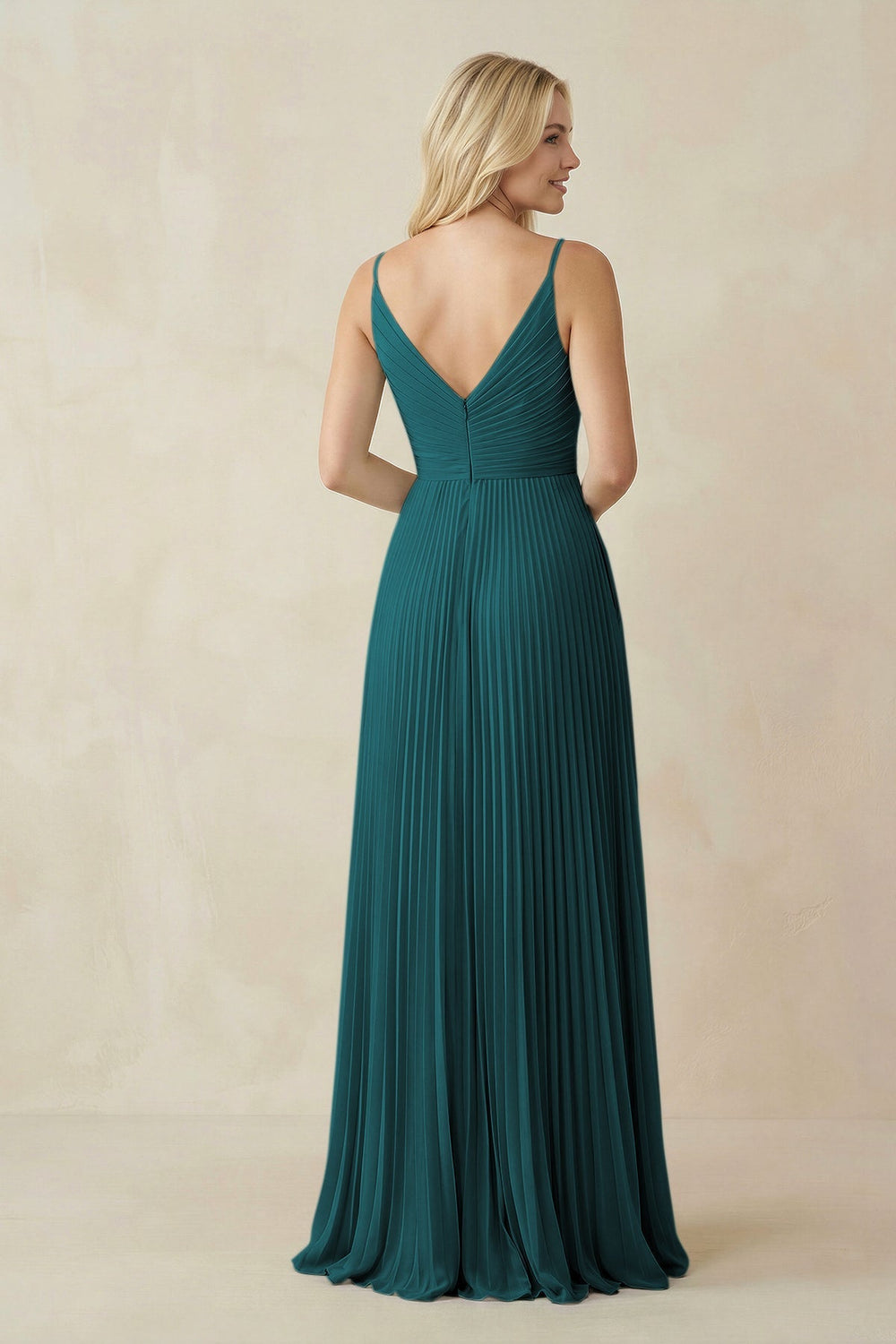 Pleated V - Neck A - Line Chiffon Bridesmaid Dress in Pine - KISS BRIDAL Bridesmaid Dresses