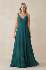 Pleated V - Neck A - Line Chiffon Bridesmaid Dress in Pine - KISS BRIDAL Bridesmaid Dresses