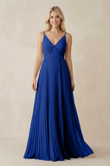 Pleated V - Neck A - Line Chiffon Bridesmaid Dress in Royal Blue - KISS BRIDAL Bridesmaid Dresses