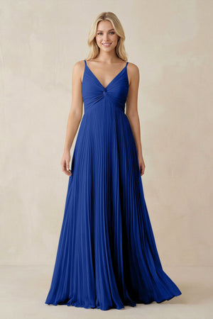 Pleated V - Neck A - Line Chiffon Bridesmaid Dress in Royal Blue - SHE IS ME Bridesmaid Dresses