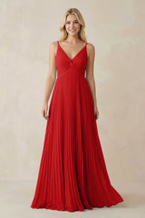 Pleated V - Neck A - Line Chiffon Bridesmaid Dress in Ruby Red - KISS BRIDAL Bridesmaid Dresses